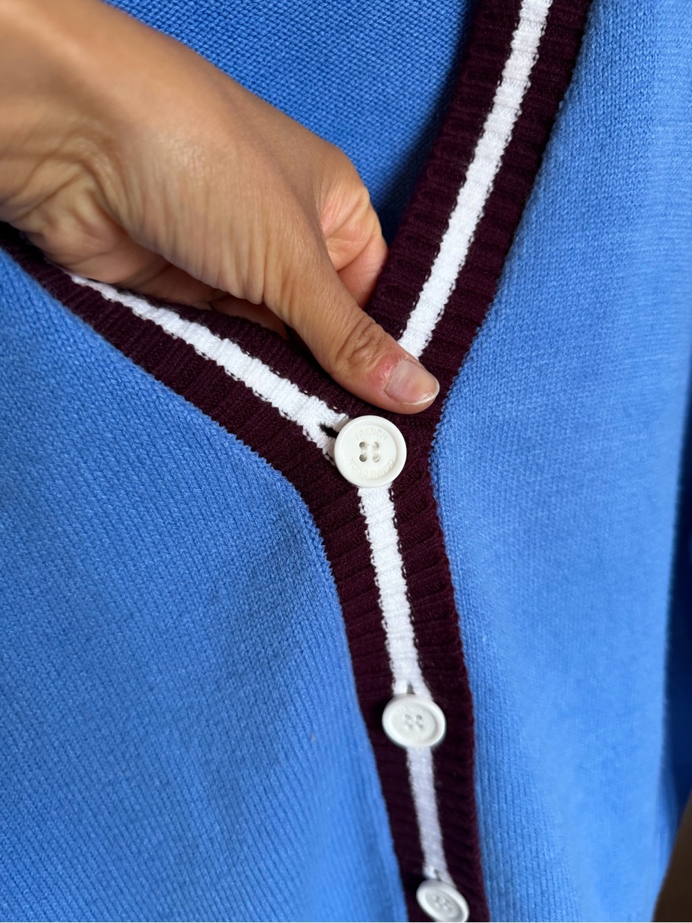 French Connection Blue Cardigan with Maroon and White Trim - Picture 3 of 6